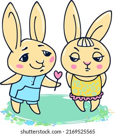 Ein süßer Cartoon-Hase oder Kaninchen in einem Clearing gibt einer Freundin eine Blume.