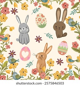 Cute cartoon hare rabbit having fun in easter day seamless pattern