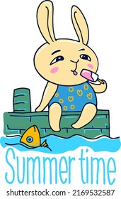 A cute cartoon hare or rabbit sits by the pond in the heat, resting, lowering its paws into the water.