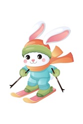 Cute Cartoon Hare Skiing. A Hare In A Hat, Scarf, Suit. Winter Sport, Games. New Year Atmosphere, Cartoon Style, Sticker