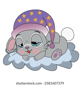 Cute cartoon hare sleeps on a cloud in a sleep cap. Vector illustration