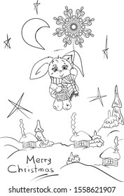 Cute cartoon hare, snowflake, winter evening. Freehand drawing. Coloring. Postcard. Winter, holidays, new year, christmas. Vector illustration.