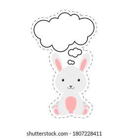 Cuta liebre de caricaturas con pegatina de burbuja de habla. Carácter kawaii sobre fondo blanco. Caricatura sentada en el clipart de la postal animal para el cumpleaños, la ducha de bebé, fiesta. Ilustración de material vectorial.