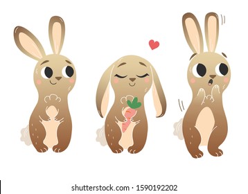 Cute cartoon hare vector set. Hares in different postures. Standing hare, hare with carrot, scared hare. Forest animals for kids. Isolated on white background