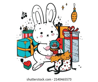 Cute cartoon hare with a water balloon. Gift packages. Print for Christmas card.