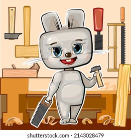 Cute cartoon Hare at workbench in the carpentry workshop with a saw and a hammer. Flat style. Helps dad. Picture for children. Funny kid animal. Vector.