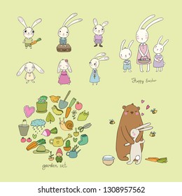 Cute cartoon hares and a bear. Easter bunnies. Funny animals