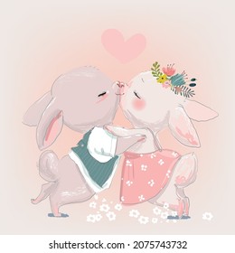 cute cartoon hares wedding couple kissing