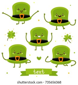 Cute cartoon hat for Saint Patrick’s day, set, isolated in background, illustration for postcards, cards, design, vector characters.