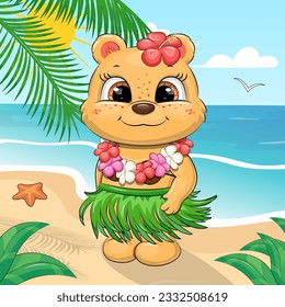 Cute cartoon Hawaiian bear in a green skirt and tropical flowers on the beach. Summer vector illustration of animal, sea, sand, starfish, palm tree, sky, clouds.