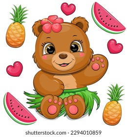 Cute Cartoon Hawaiian brauner Bär mit tropischer Blume und grünem Rock umgeben von Ananas und Wassermelonen. Vektorgrafik eines Tieres mit Früchten und Herzen auf weißem Hintergrund.