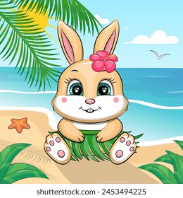 Cute cartoon Hawaiian bunny in a green skirt and tropical flower on the beach. Summer vector illustration of animal, sea, sand, starfish, palm tree, sky, clouds.