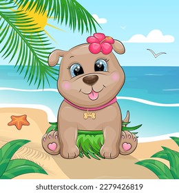 Cute cartoon Hawaiian dog on the beach. Summer vector illustration with sea, palm trees and sun.
