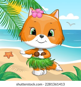 A cute cartoon Hawaiian fox with a flower and a green skirt is dancing on the beach. Summer vector illustration of an animal in nature with sea, sun, starfish and sand.