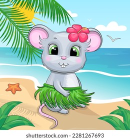 A cute cartoon Hawaiian mouse with a flower and a green skirt is sitting on the beach. Summer vector illustration of an animal in nature with sea, sun, starfish and sand.