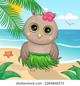 Cute cartoon Hawaiian owl with flower and green skirt. Summer vector illustration of an animal on the beach with sea, sand, sun and palm tree.