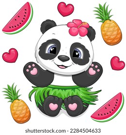 Cute cartoon Hawaiian panda with fruits and hearts. Summer animal vector illustration isolated on white background.