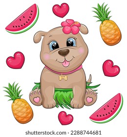 Cute cartoon Hawaiian puppy with tropical flower and green skirt. Summer vector illustration of a dog with fruits and hearts on a white background.