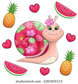 A cute cartoon Hawaiian snail with a colorful shell surrounded by fruits and hearts. Summer animal vector illustration with watermelon and pineapple.