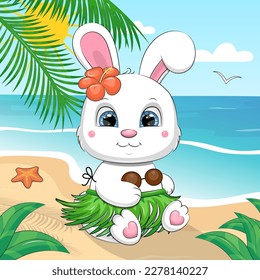 A cute cartoon Hawaiian white rabbit is sitting on the beach. Summer animal vector illustration with sea, sun and palm.