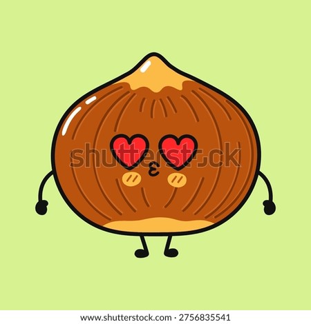 Cute cartoon hazelnut character expressing love with heart shaped eyes and a puckered kissy face, representing emotions of affection and adoration on a clean background