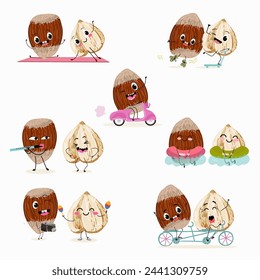 Cute cartoon hazelnuts characters set. Flat vector illustration. Activities, playing musical instruments, sports, funny nuts. Smiling mascot for kids menu decoration.