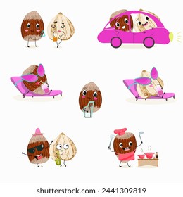 Cute cartoon hazelnuts characters set. Flat vector illustration. Activities, playing musical instruments, sports, funny nuts. Smiling mascot for kids menu decoration.