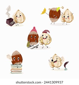 Cute cartoon hazelnuts characters set. Flat vector illustration. Activities, playing musical instruments, sports, funny nuts. Smiling mascot for kids menu decoration.