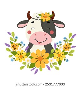 Linda cabeza de dibujos animados de vaca manchada negra. Una corona de flores silvestres. Animal de granja en estilo plano sobre fondo blanco. 