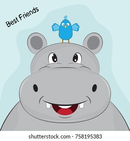 Cute Cartoon head of hippo with small bird. Graphics for t-shirts. Greeting card. Vector illustration.