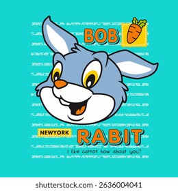 Cute cartoon head rabbit smile, Flat Vector Illustration
