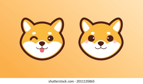 Cute Cartoon Köpfe, Kopf von Shiba Inu Hund Welpen-Set für Symbol oder Logo. Fröhlicher Hund mit ausgestreckter Zunge, bunter Vektorgrafik. Dogecoin Meme Krypto.
