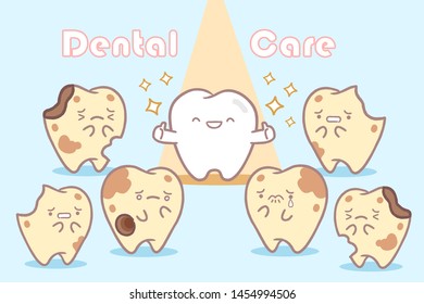 cute cartoon health and sick tooth with spot light