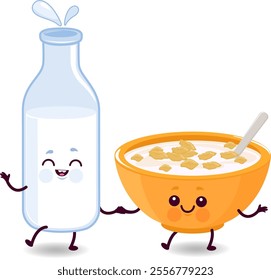 Cute cartoon healthy breakfast characters. Bottle of milk and bowl of cereal. Healthy snack food with dairy milk and corn flakes. Vector illustration.