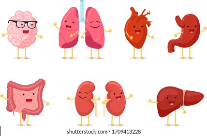 Cute Cartoon Healthy Human Anatomy Internal Organ Character Set With Brain Lung Intestine Heart Kidney Liver And Stomach Mascots. Vector Isolated Eps Illustration