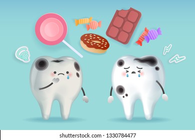 cute cartoon healthy tooth with decay problem