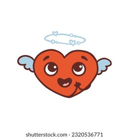 cute cartoon heart with angel wings and halo. Character in retro style. Vector illustration
