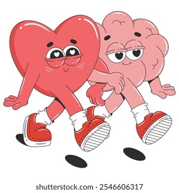 Personajes lindos del corazón y del cerebro de la historieta en estilo groovy de moda. Concepto de Feliz Día de San Valentín. Ilustración vectorial aislada.