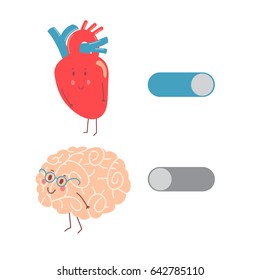 Cute cartoon heart and brain. Vector illustration.