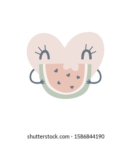 Cute cartoon heart character eat watermelon. Decorative childish illustration. Funny pink hearty paper cut simple poster. Kid-like fruity drawing. Gender-neutral nursery idea.