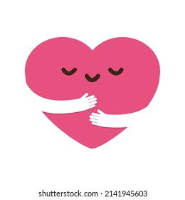 Cute Cartoon Heart Character Hug. Icon Kawaii heart with hugging arms. Love yourself, Self care and happiness isolated on white background vector illustration.