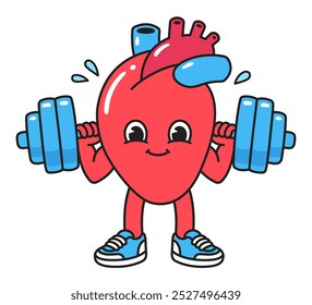 Cute cartoon heart character lifting heavy barbell. Healthy heart exercising, simple retro comic style drawing. Funny fitness vector illustration. 