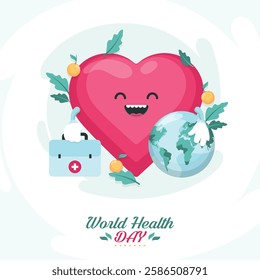 Cute cartoon heart character, smiling, World Health Day illustration, medical briefcase, globe, oranges, green leaves, pink and teal color scheme, cheerful health concept, vector art style, clean back