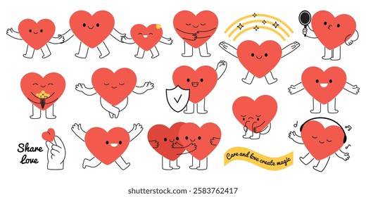 Cute cartoon heart characters clipart. Hand drawn playful doodle style mascot love set. Love, support, self care, family, partnership, trust funny symbols icon. Flat vector illustrations