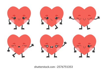 Cute cartoon heart characters with face, hands and feet. Set of loving hearts. Vector illustration.