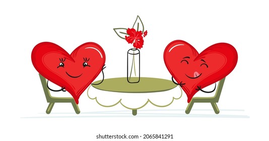Cute cartoon heart characters at the table on a date. Isolated vector illustration for Valentine's day greeting card or decoration
