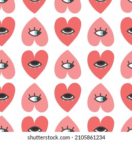 Cute Cartoon Heart With Eyes Pattern. Valentine's Day, Love Concept. Repeatable Vector Design For Wrapping, Stationery And Fabric. Trendy Hand-drawn Hearts.