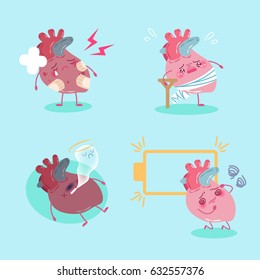 cute cartoon heart feel pain on green background