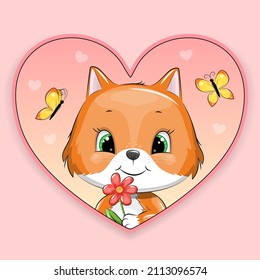 Cute cartoon heart with fox and butterflies. Vector illustration on a pink background.