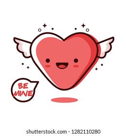 Cute cartoon heart. Lettering "Be mine". Valentine's Day vector card. 